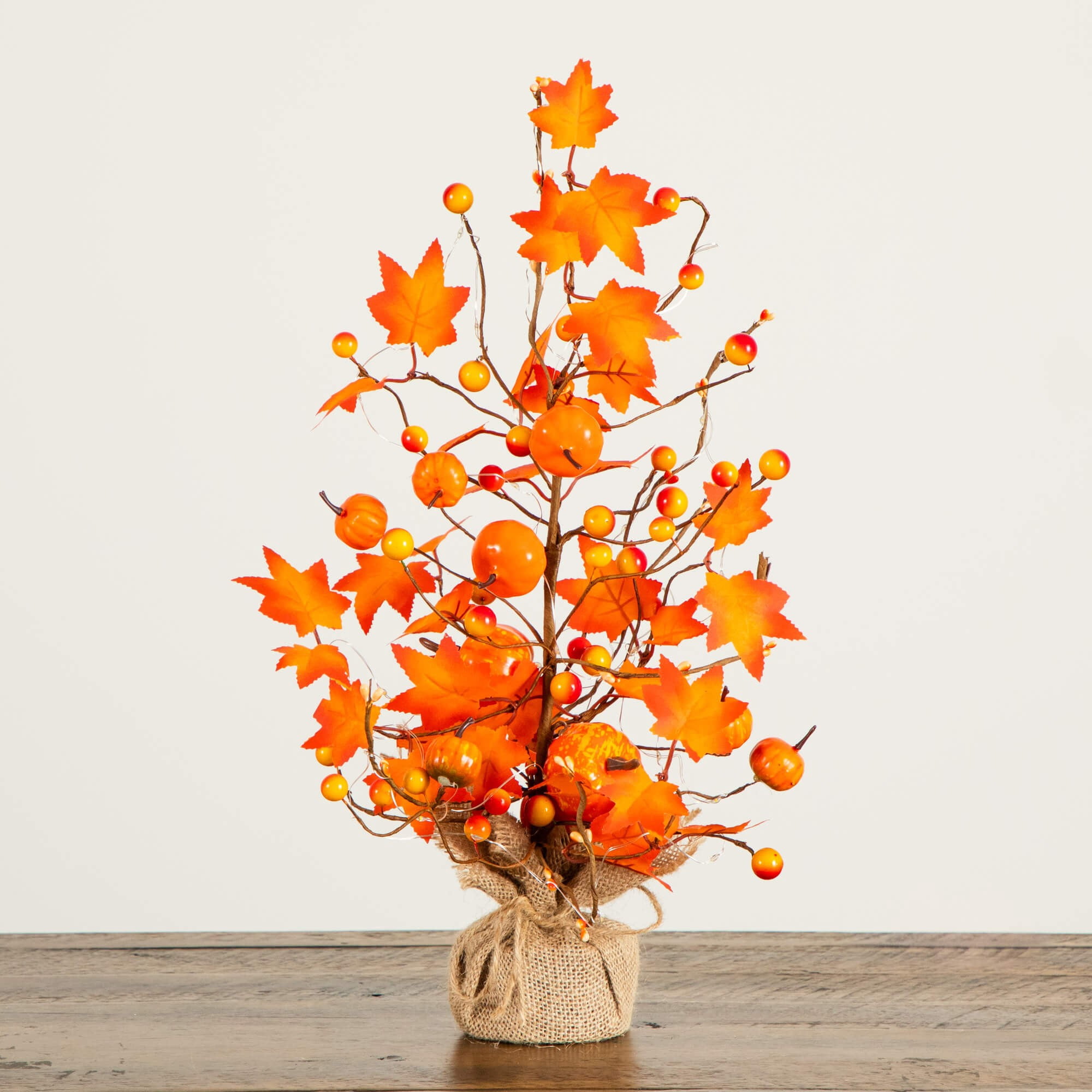 Nearly Natural 18in. Pre-Lit Artificial Maple Tree with Pumpkin Ornaments and 30 LED String Lights in Burlap Wrapped Base