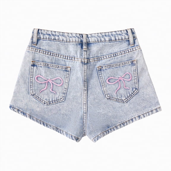 ZHANGDER Jean Shorts for Girls Y2k Baggy High Elastic Waisted Cute Bow Embroidery Summer Teens Denim Shorts, Light Blue 14-15 Years