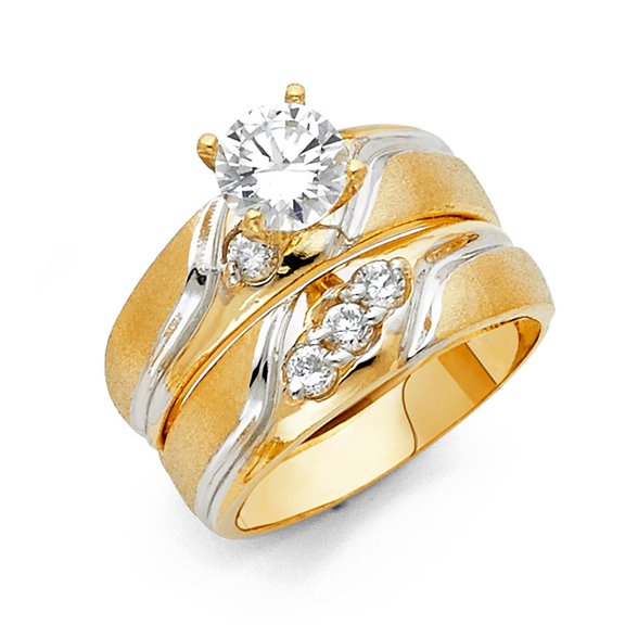 14k Two Tone Gold 1.20 ct CZ Wedding Band Ring Trio Set Bride & Groom
