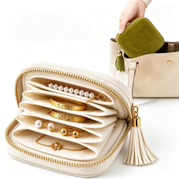 Chenille Jewelry Case, Travel Zippered Pocket Jewelry Bag Portable Organizer with Multi-Layer Storage, for Rings Earrings and Necklaces
