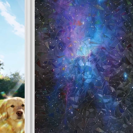 Starry Sky Rainbow Window Privacy Film, Dark Blue and Purple Space Stars Mystery Universe Stained Glass Window Film, Sun Blocking Static Cling Non Adhesive Door Stickers 17.7 x 39.3 Inches