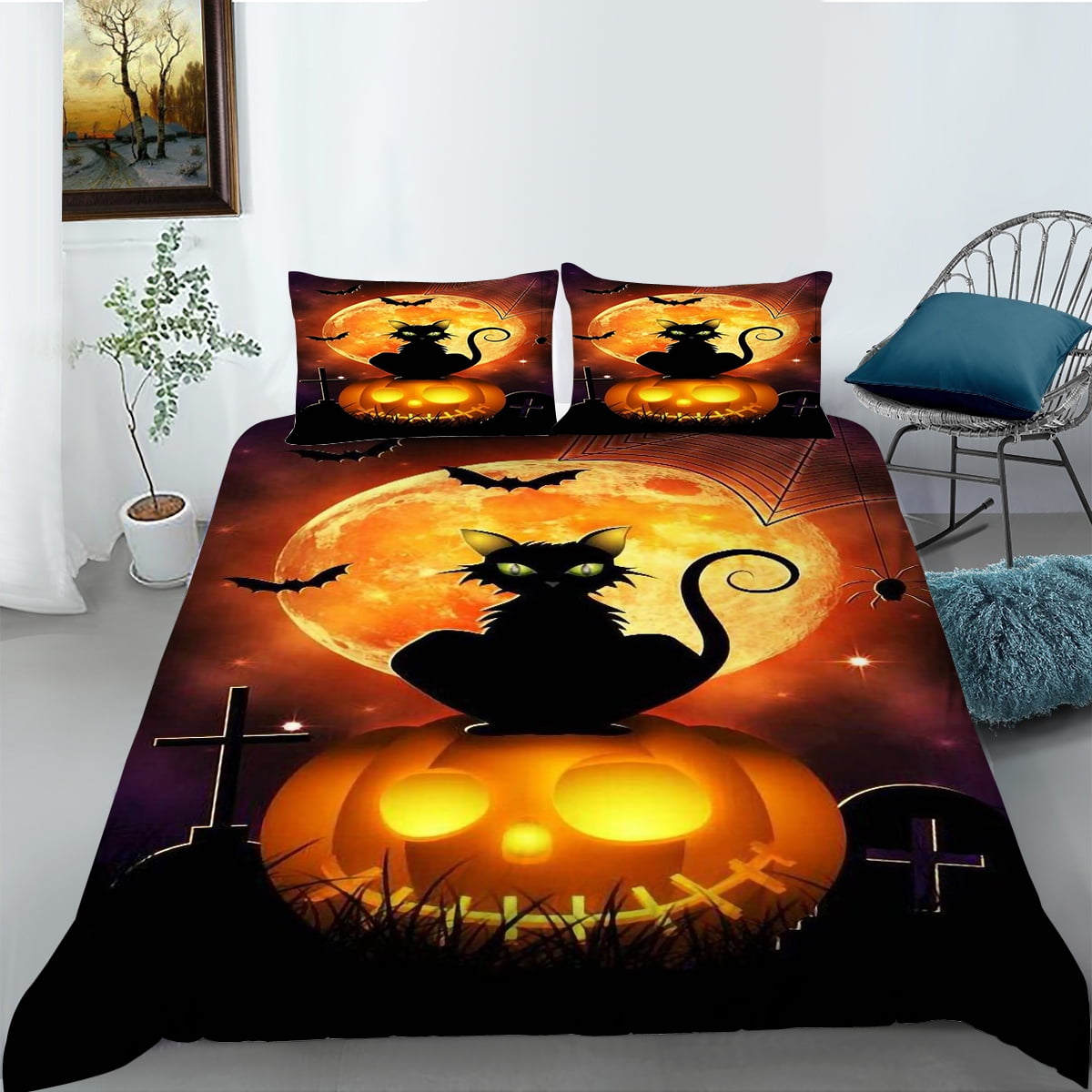 Halloween Themed Bedding Set Black Cat Bat Pattern Quilt Set Boys Teen
