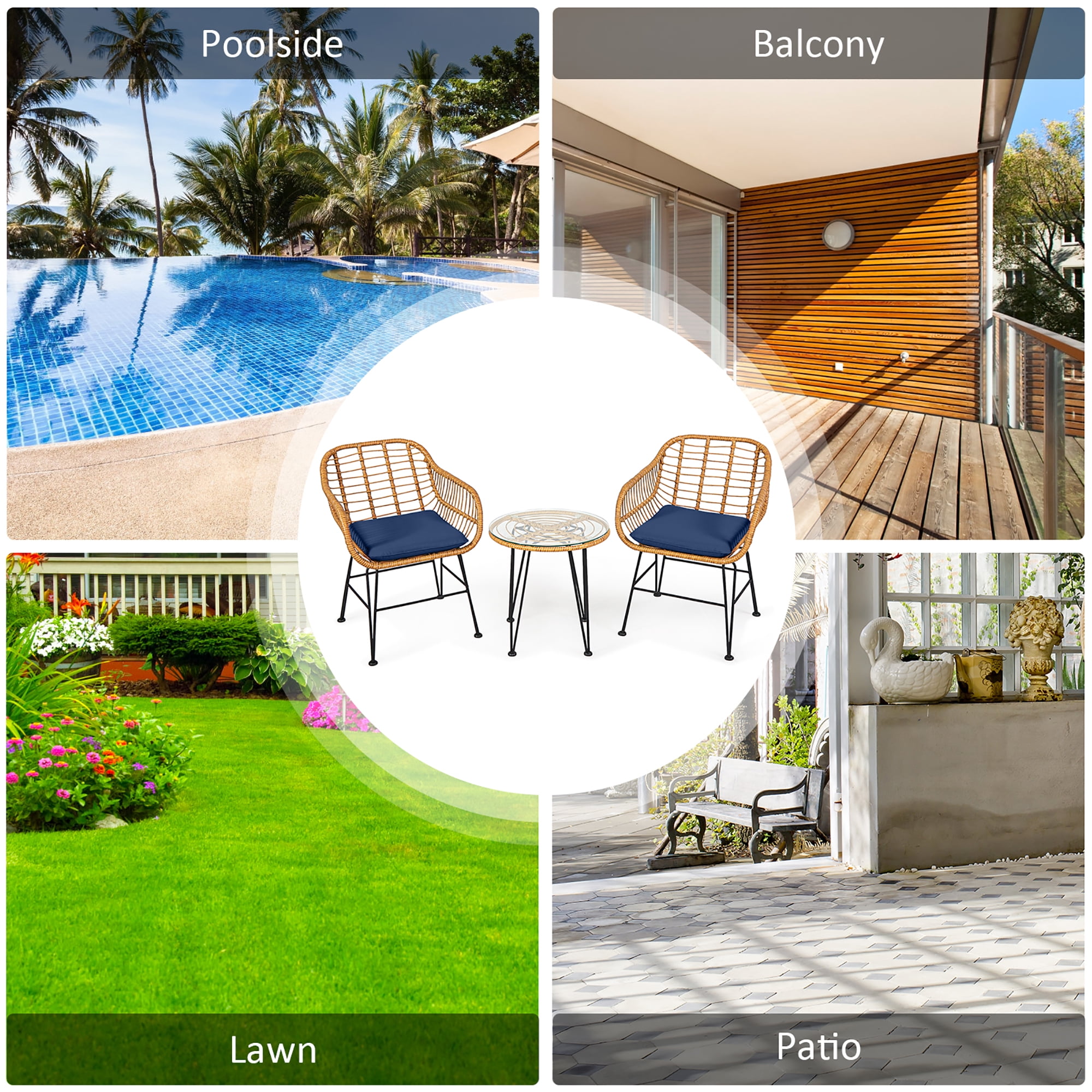 Costway 3PCS Patio Rattan Bistro Furniture Set Cushioned Chair Table Navy
