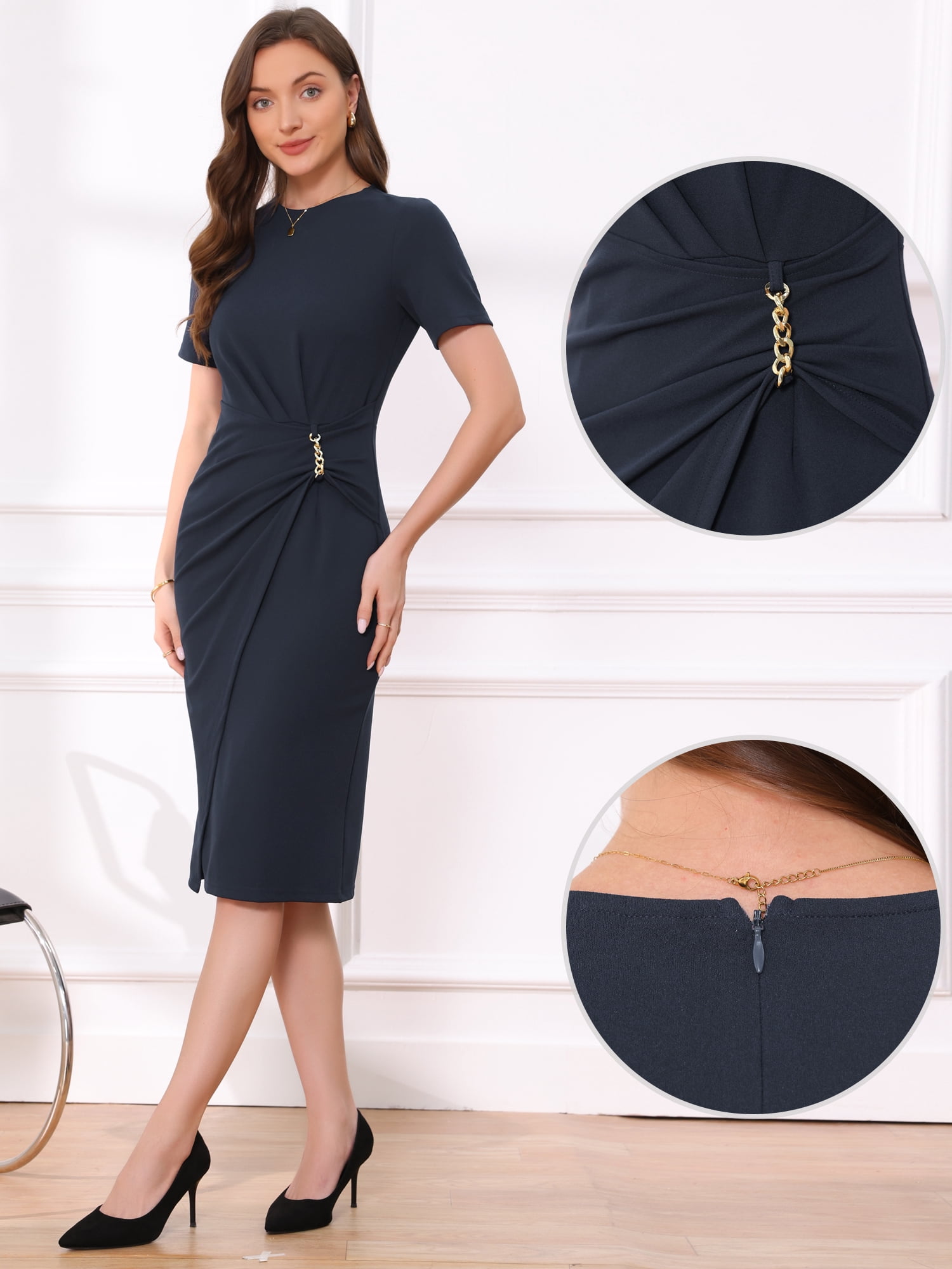 DARING DIVA Women's Short Sleeve Crew Neck Bodycon Sheath Midi Dress M Royal Blue