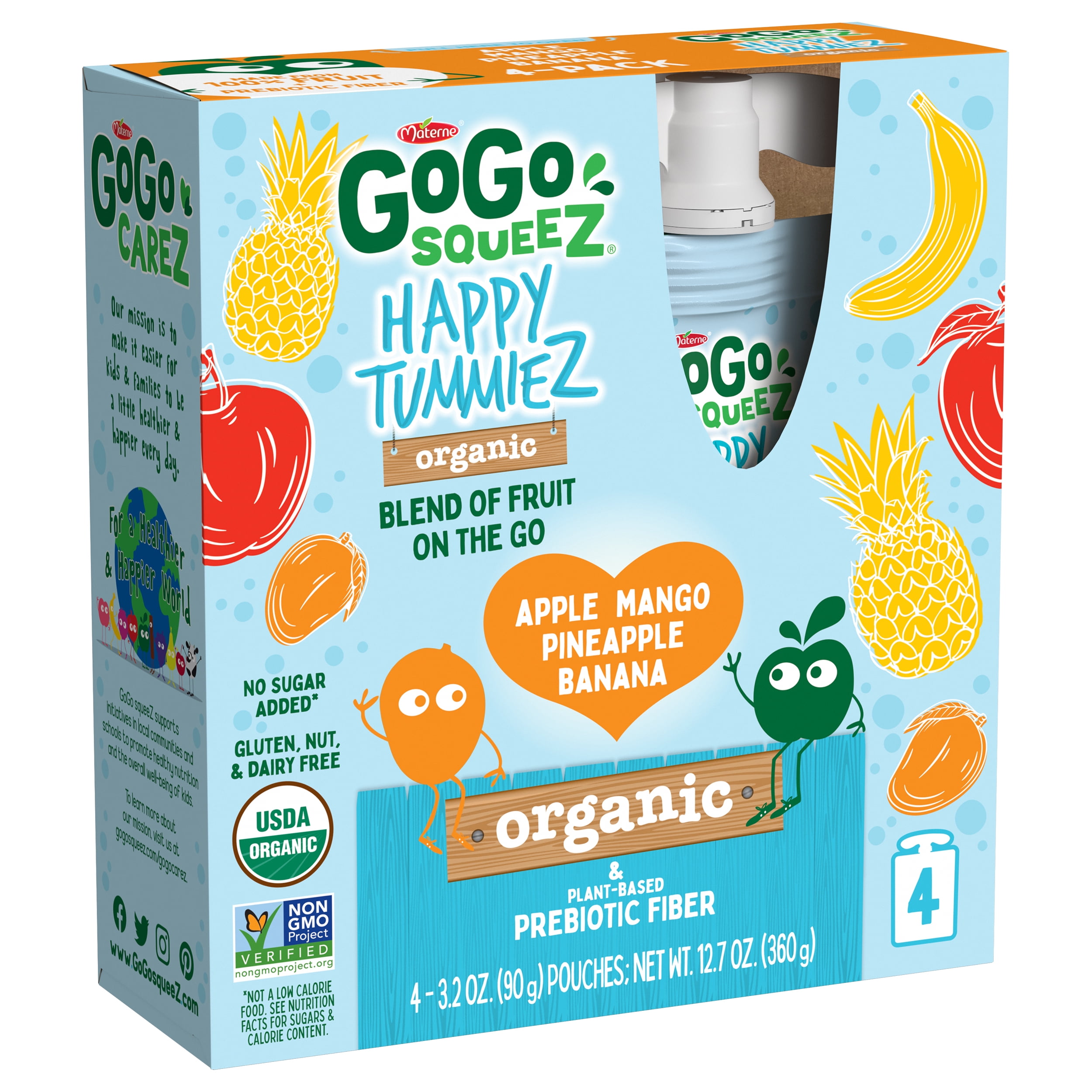 GoGo squeeZ Happy TummieZ, Organic Mango Pineapple Banana, 3.2 Oz, 4