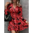 thumbnail image 6 of Women'S Floral Mini Dress Long Sleeve Casual V Neck Chiffon Modest Boho Flowy Fall Wedding Guest Dresses Wine Red S, 6 of 9
