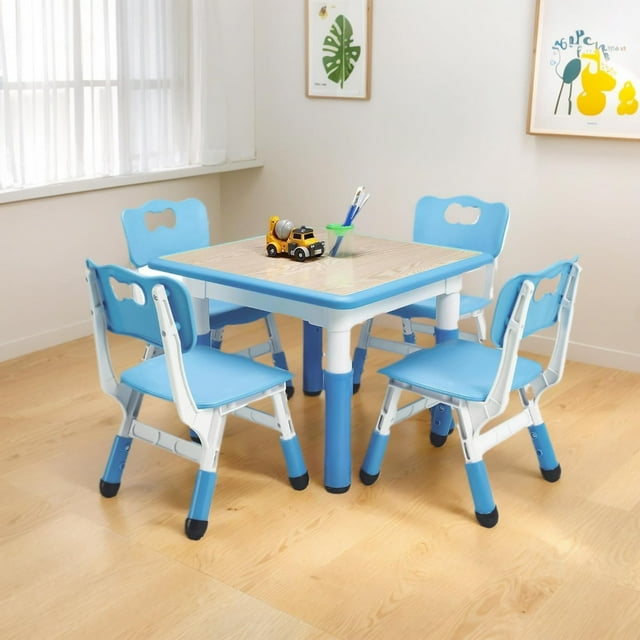 Height-Adjustable Kids Table and 4 Chairs Set, 23.26" Toddler Table with Organizer Top for Ages 2-10
