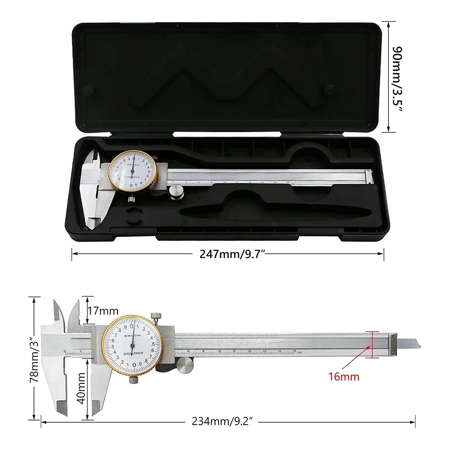 Dial Calipers 15 cm, 0.02 mm Accuracy Stainless Steel Vernier Caliper Imperial Caliper Shockproof Metric Measuring Tool