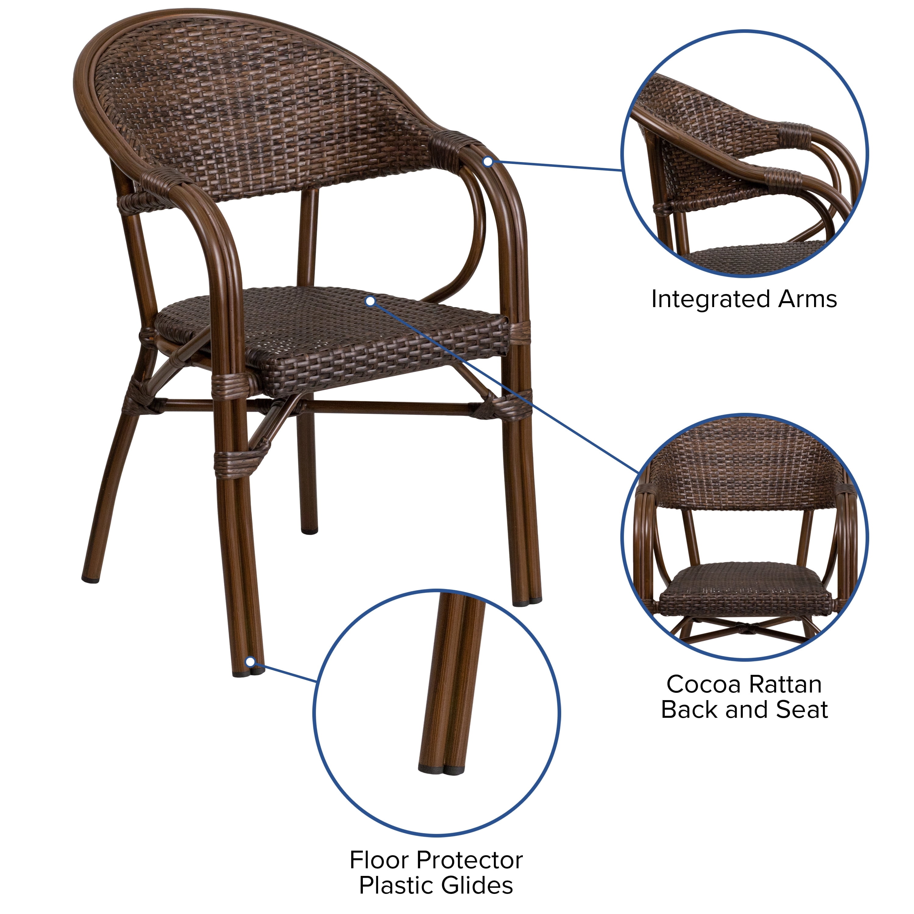 Emma + Oliver Cocoa Rattan Patio Chair with Bamboo-Aluminum Frame