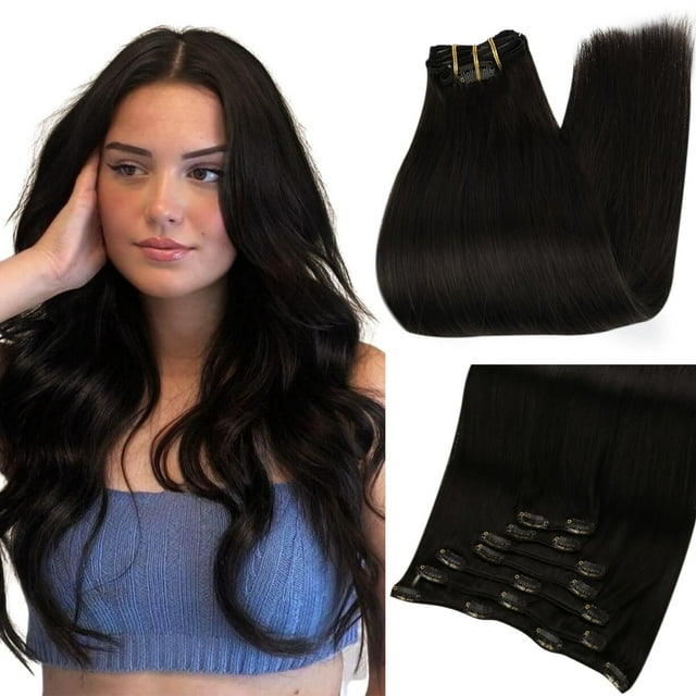 Extensiones de cabello con clip Full Shine, cabello humano real, extensiones de cabello negro natural, extensiones de cabello con clip negro, extensiones de cabello real invisibles, extensiones de cab