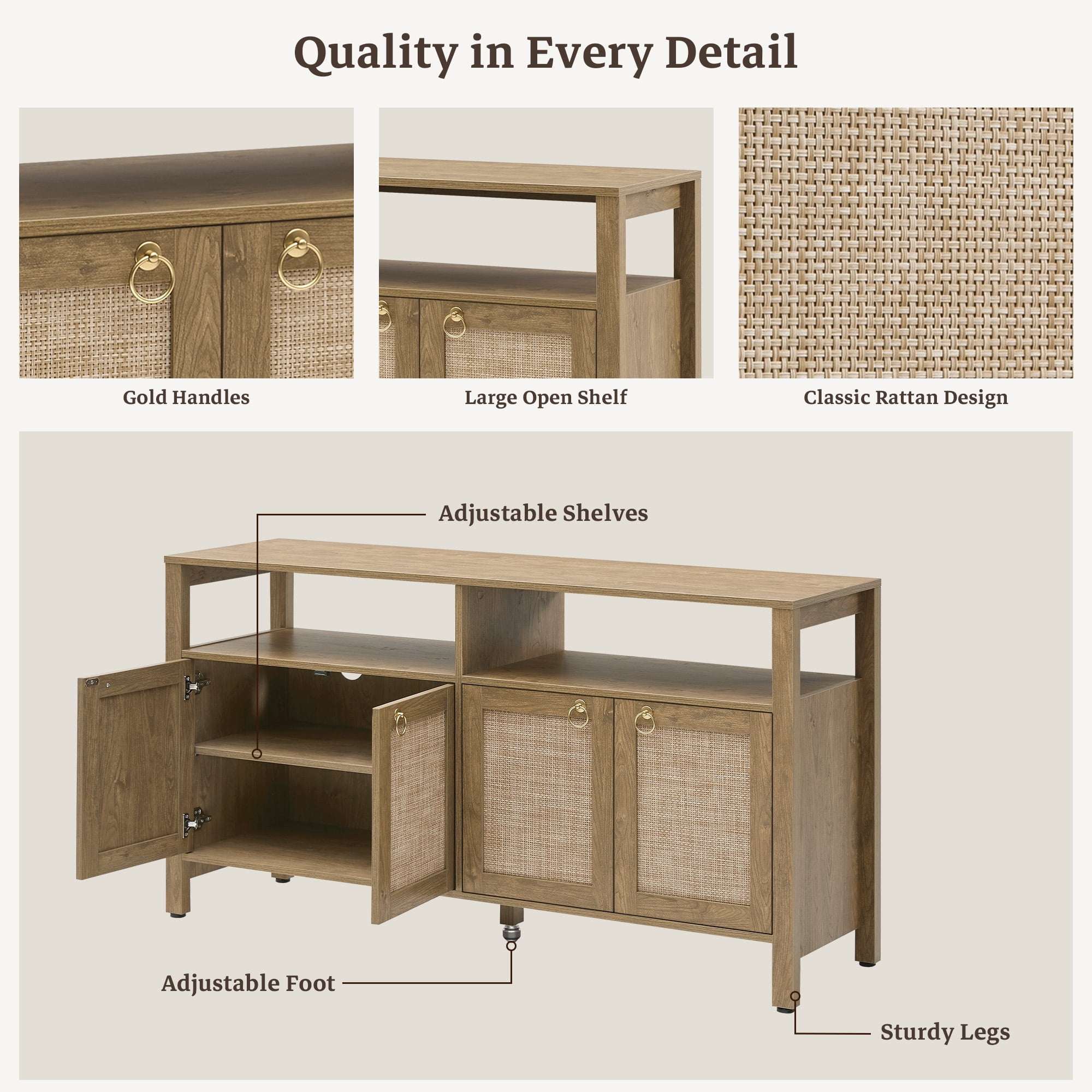 SICOTAS Boho TV Stand for TVs up to 65", Rattan 29.5" Tall Entertainment Center with Storage Cabinets & Adjustable Shelves , TV Console Table Set of 2 for Living Room, Oak