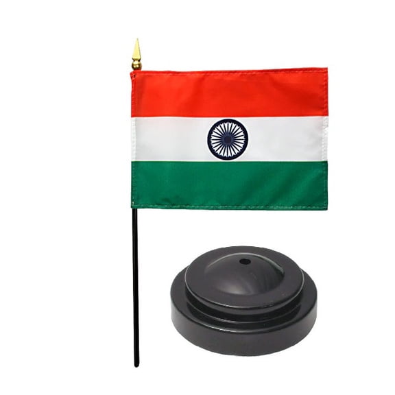 India Desk Flag with Base; American Made Rayon 4x6 inch Miniature Table Set Includes One Small Mini Country Stick Flags and One Black Stand (India Desk Flag and Base)