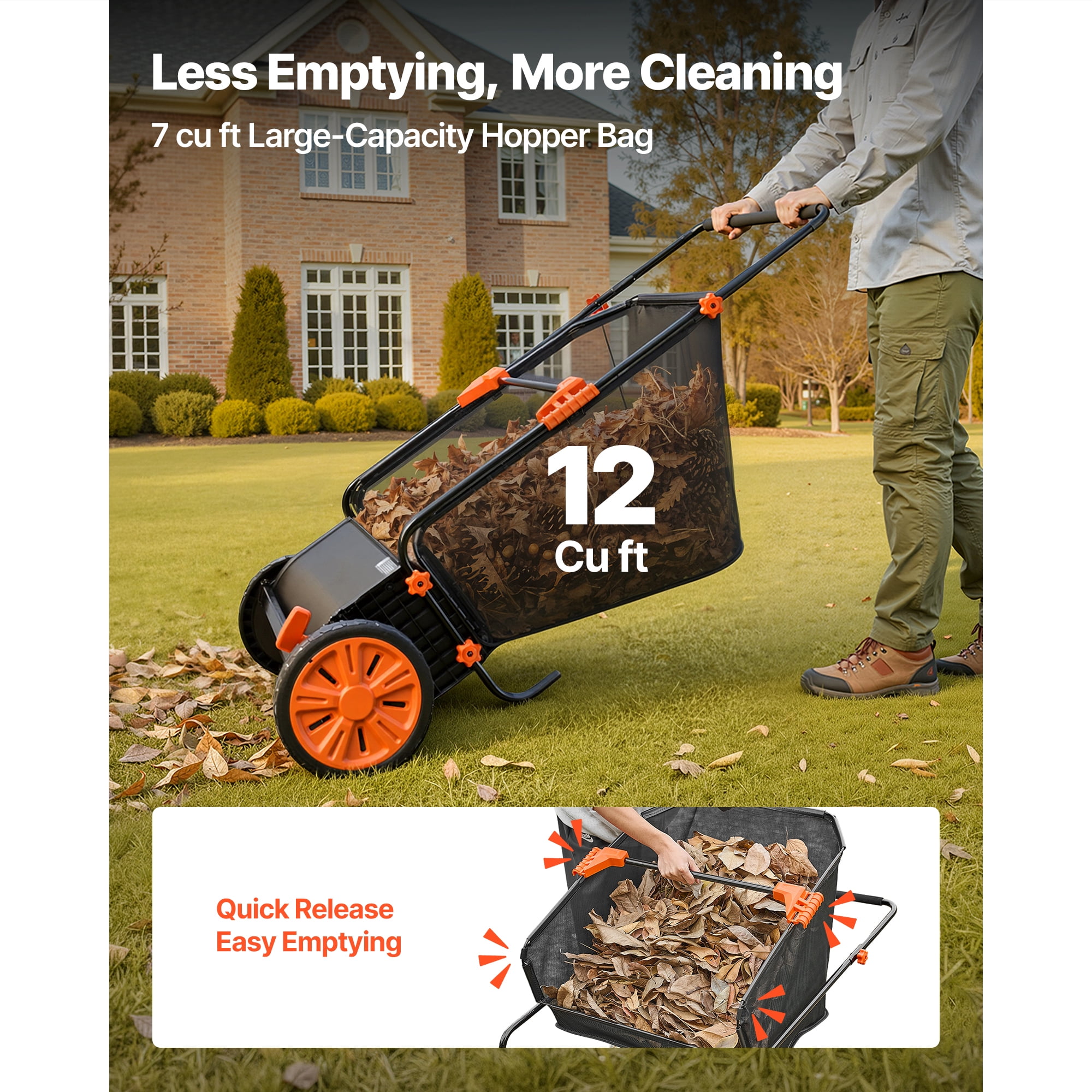 KFFKFF Push Lawn Sweeper, 30-Inch Leaf and Grass Collector with 12 cu. ft. Hopper Bag, Adjustable Brush Height, Durable Yard Sweeper with Rubber Wheels for Efficient Lawn Cleanup