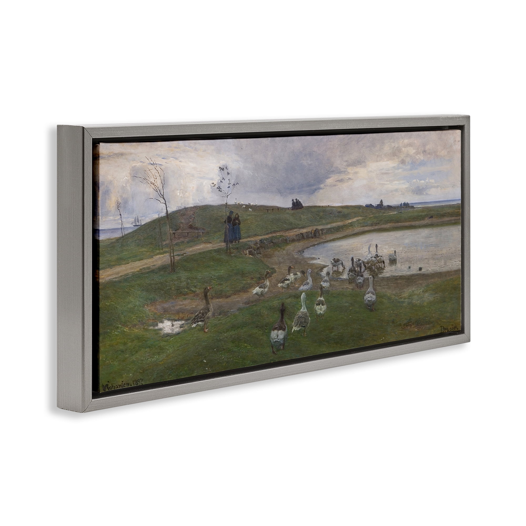 Stupell Industries Ducks Wading in Pond Landscape & Nature Painting Gray Floater Framed Canvas Art Print Wall Art, 31 x 14