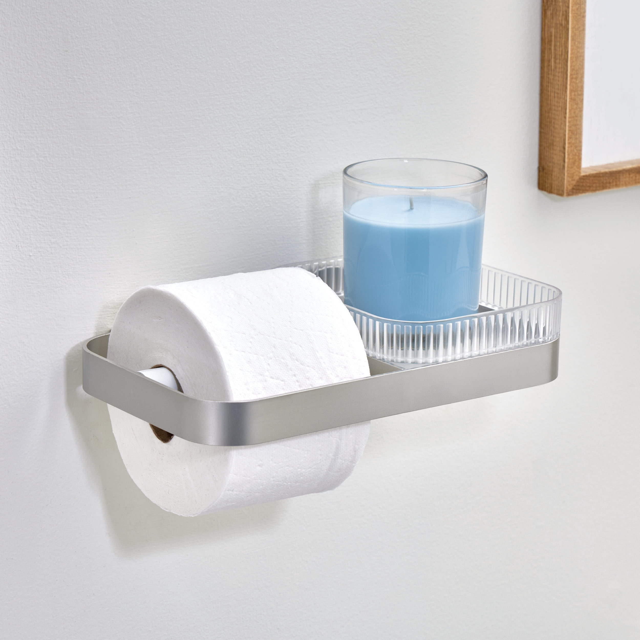 iDesign Wall Mounted Toilet Paper Holder with Shelf for Bathroom Storage - Ideal for Primary or Guest Bathroom and Powder Rooms