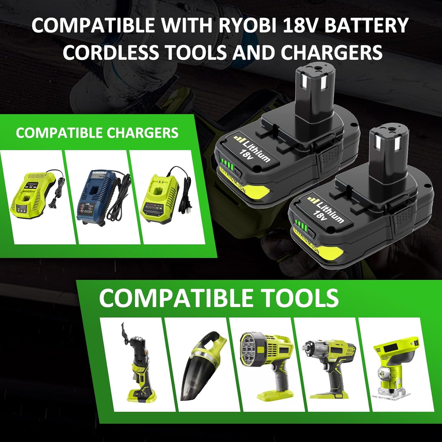 2Pack 18 Volt P102 Lithium-Ion Battery replacement For Ryobi 18V P108 P107 P103