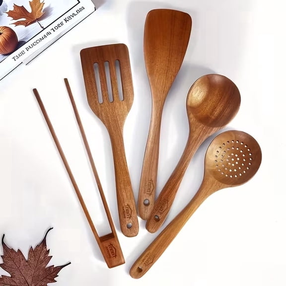 5 Pcs Wooden Kitchen Utensil Set with Spoon and Spatula Ladle Non-Stick Cookware Accessories