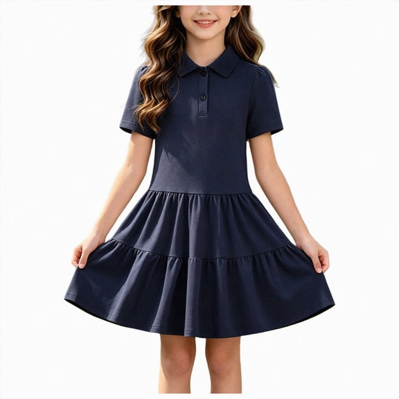 JUMEYU Little Girls Solid Color Long Sleeve A-Line School Dress Casual Uniform Dresses 7T 8T (Navy,7-8 Years)