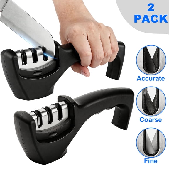 JILhome 2 Packs Knife Sharpener, 3-Stage Kitchen Knife Accessories, Manual Sharpener Helps Repair, Restore, Polish Blades, Black
