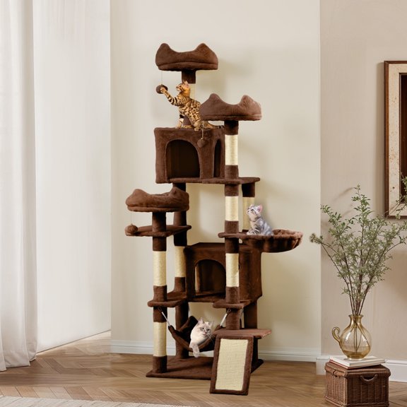 ModFusion Ultimate Deluxe Brown Cat Tree Tower with Hammock & Playhouse - 75-Inch Multi-Level Playground for Happy Cats