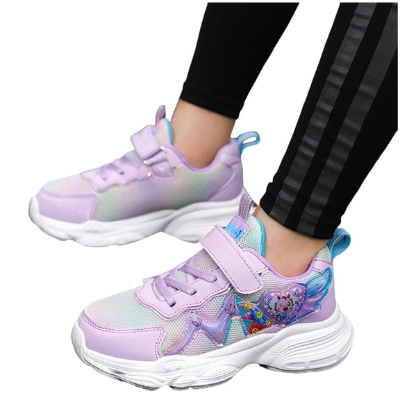 Girls Mesh Running Shoes Cute Cartoon Color Block Kids Princess Shoes Lightweight Tennis Shoes Casual Hook and Loop Sneakers Purple 3 Big Kid