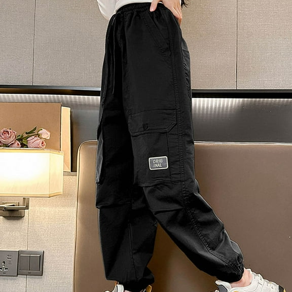 Bnwani Girls Cargo Pants Elastic Waist Drawstring With Pockets Pants Casual Outerwear Long Loose Cargo Bunches Foot Solid Pants Black 8 Years