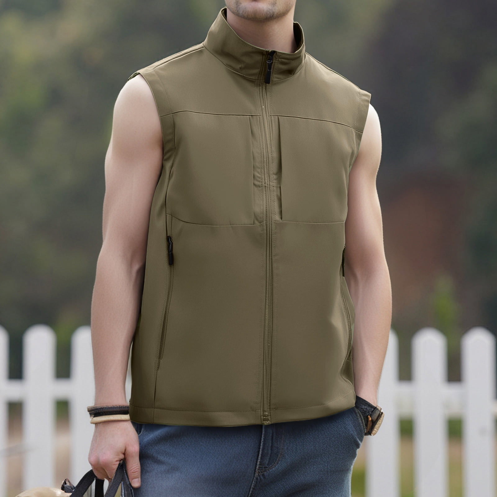 Men's Windproof Lightweight Golf Vest Softshell Sleeveless Jacket with Pockets for Running Hiking Sports Spring Fall,Khaki,2XL