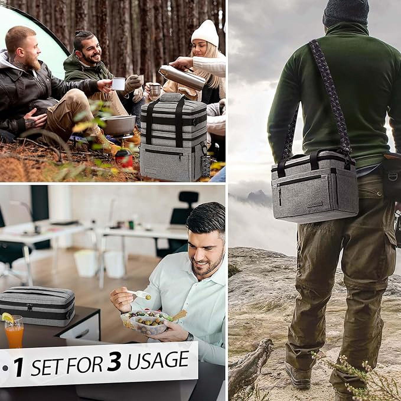 Large Lunch Bag Box for Men - 3 in 1 Cooler Bag Large Insulated Removable Double Deck Leak-Proof Lunch Box for Work Outdoor Picnic