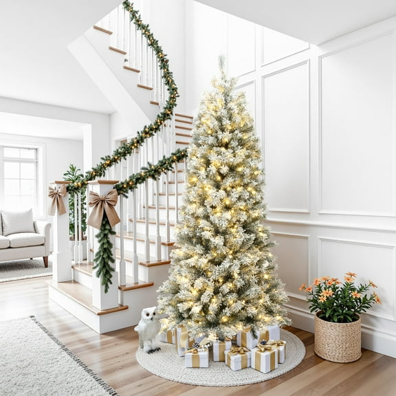 LuxenHome 7 Ft Snow Flocked Full Artificial Christmas Tree with Lights, Prelit Christmas Tree with Metal Stand