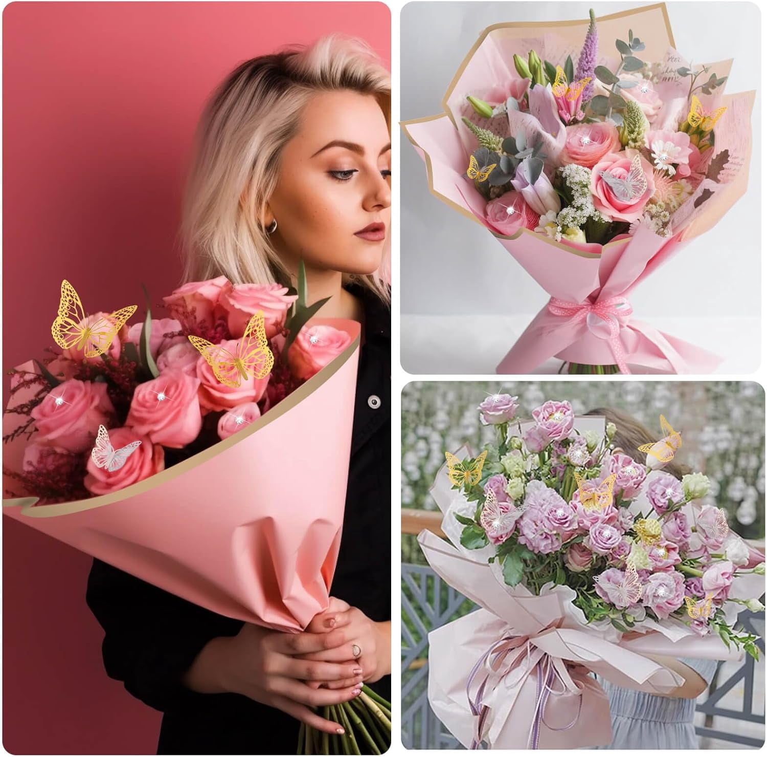 ANHXN  Flower Bouquet Wrapping Paper Kit Includes Floral Paper, Butterflies, Bouquet Pins, Ribbons and Greeting Cards for Mother's Day Wedding Baby Shower Graduation