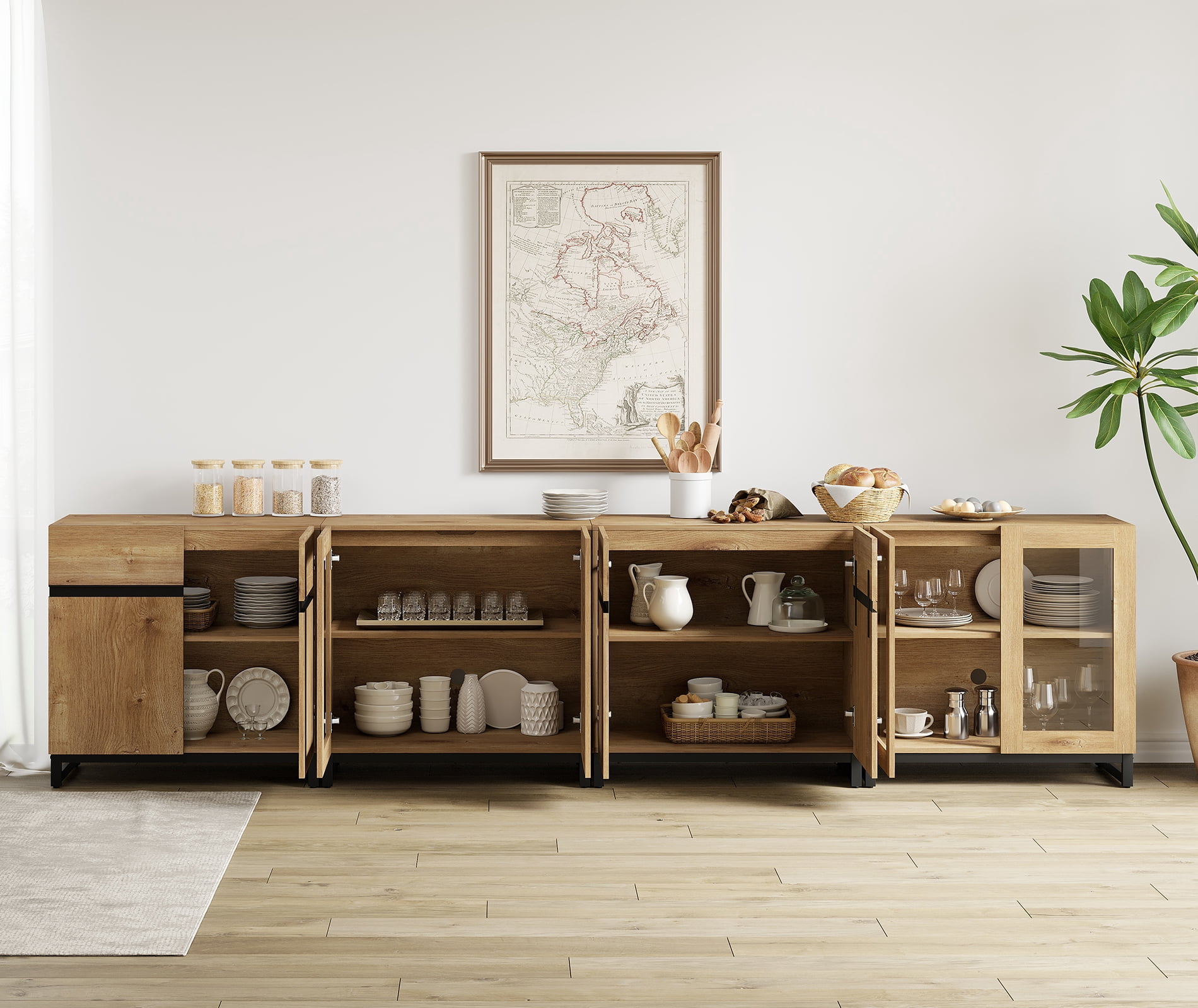 4 In 1 TV Stand For Tvs Up To 120 Inches, Modern Entertainment Center With Glass Doors And Metal Legs, TV Console With Adjustable Shelf,Oak