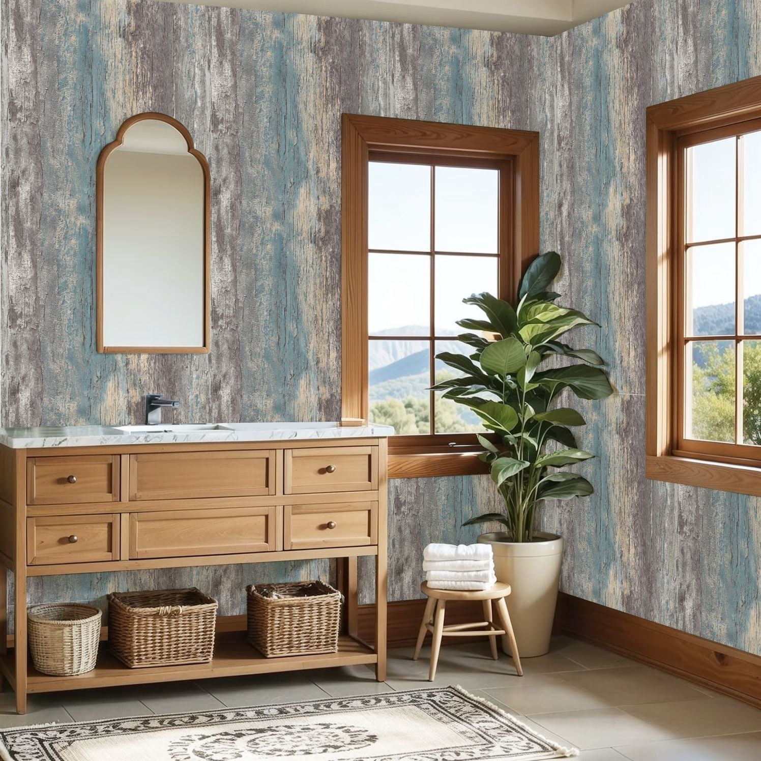 Peel and Stick Wallpaper Weathered Wooden Plank Texture Peeling Blue Beige Paint Wall Mural 23.6in x 9.8ft Self Adhesive Removable Wall Paper Renter Friendly Wallpaper for Nursery Bedroom Cabinets