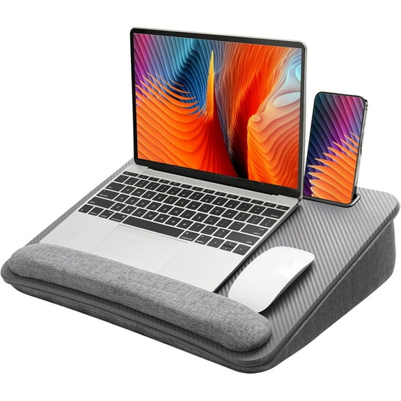 Lap Laptop Desk - Portable Lap Desk with Cushion, Fits up to 15.6 inch Laptop, with Anti-Slip Strip & Storage Function for Home Office Students Use as Computer Laptop Stand - Grey