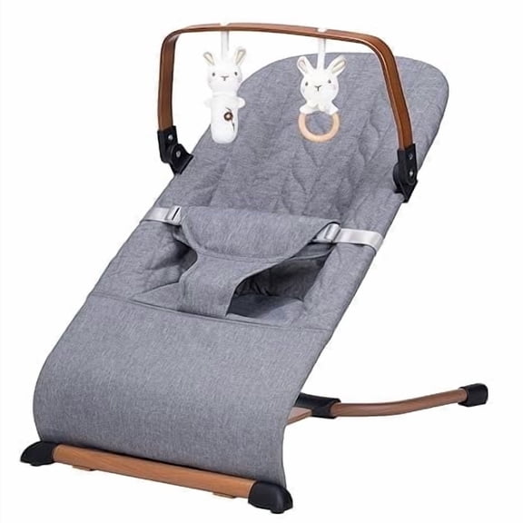 3 in 1 Baby Bouncer (Sit, Play & Relax),3 Recline Positions,Foldable Baby Rocker Chair W/ Removable Wooden Bar for 0-12 Months Infant & Toddler,Grey