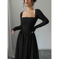 thumbnail image 3 of Black Womens Square Neck Long Sleeve Cinched Waist A-Line Maxi Dress, 3 of 7