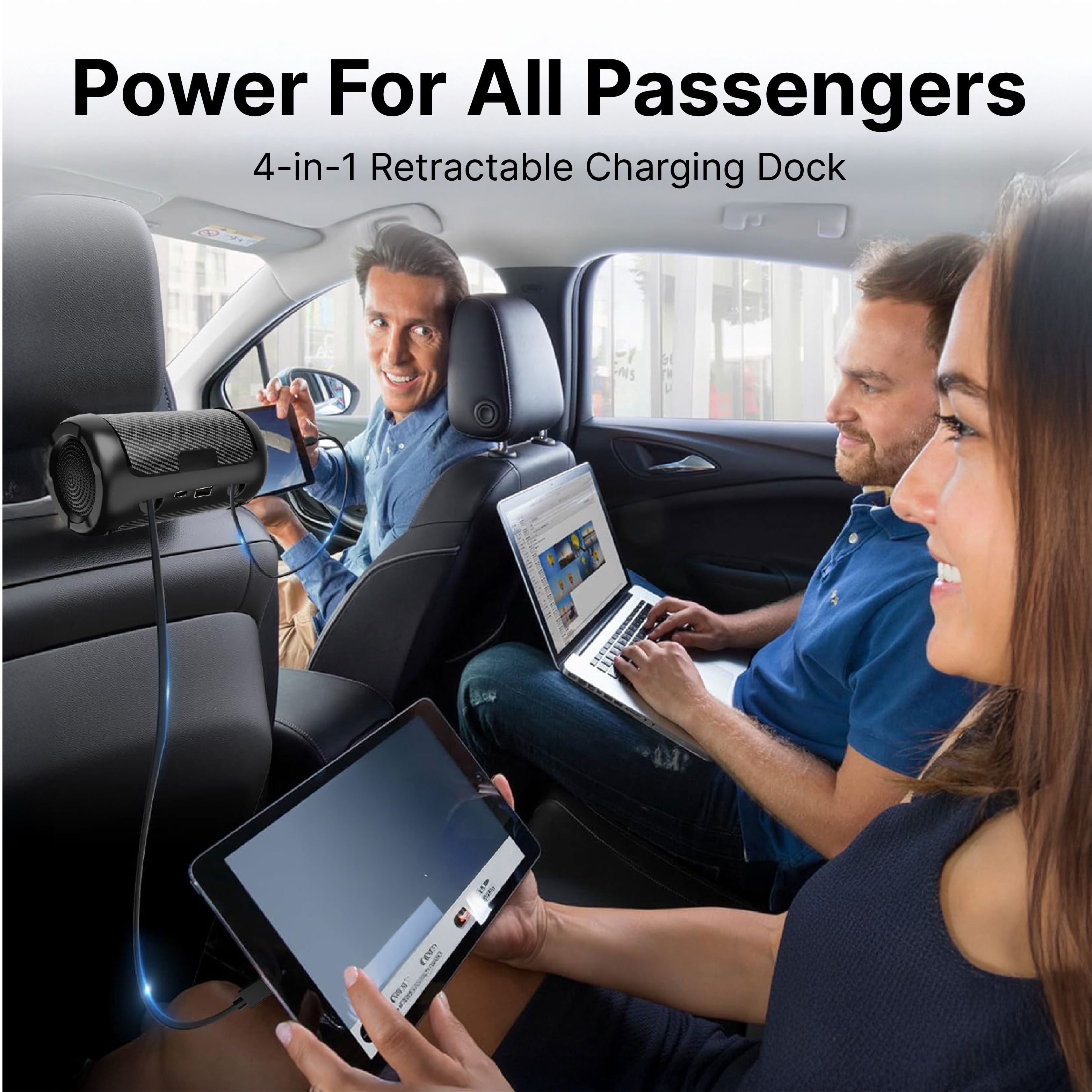 IJS Retractable Car Charger, Backseat 4 in1 Adapter | Fast Car Charger, 2×30W PD USB-C | Compatible with IPhone, Samsung, Pixel