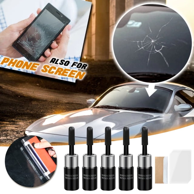 Automotive Windshield Repair Resin Fluid Kit | 24 ml | Quick Cure Portable Glass Chip & Crack Restoration | Laminated Car Window Fix | Bullseye Star Line Scratch | 1 Bottle + Scraper + 5 Films