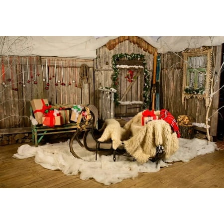 Image of Vintage Wooden Board Interior Christmas Gift Sleigh Carpet Baby Birthday Backdrop Photographic Photo Background
