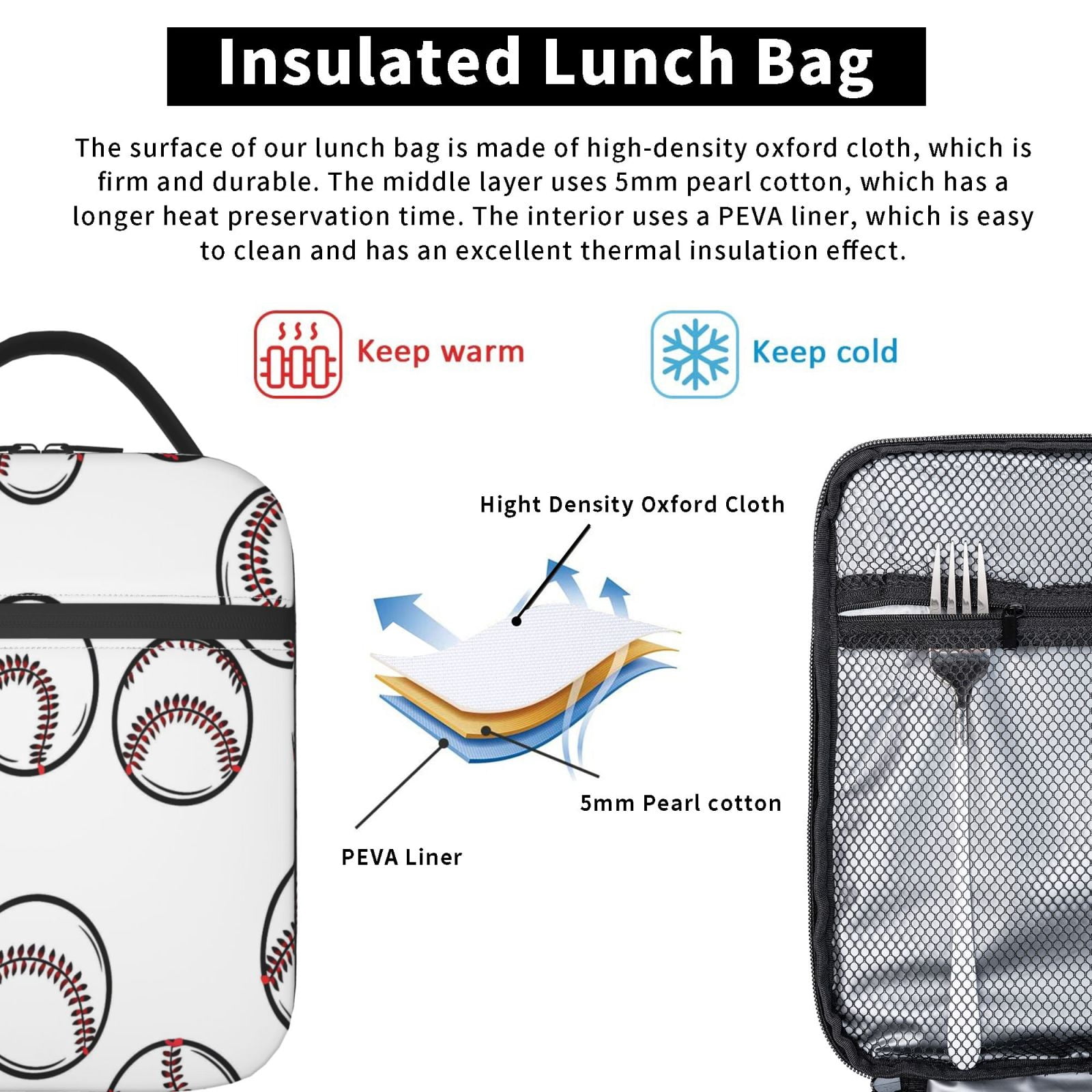 Lunch Bag For Women Men Insulated Portable Lunch Box Bento Box Office Picnic Travel Cooler Bag White Baseballs With Classic Red Stitching
