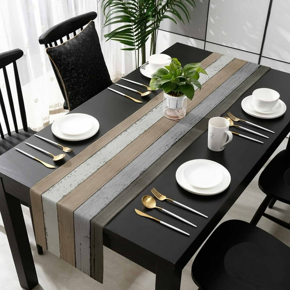 Brown Wood Grain Cotton Linen Small Table Runner 13 x 36 inch Vintage Grey Stripe Gradient Grain Non-slip Rectangular Dining Table Decor for Wedding Party Holiday Dinner
