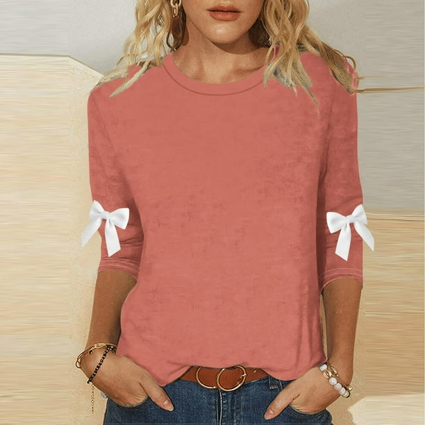 HongQid Womens Tops 3/4 Sleeve Shirts Round Neck Loose Casual Blouses Solid Color Tshirts
