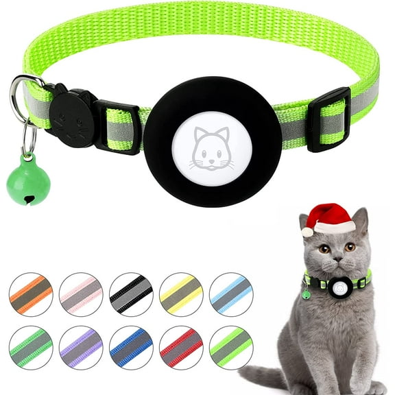 Airtag Cat Collar, Air tag Cat Collar with Bell and Safety Buckle in 3/8" Width, Reflective Collar with Waterproof Airtag Holder Compatible with Apple Airtag for Cat Dog Kitten Puppy (LightGreen)