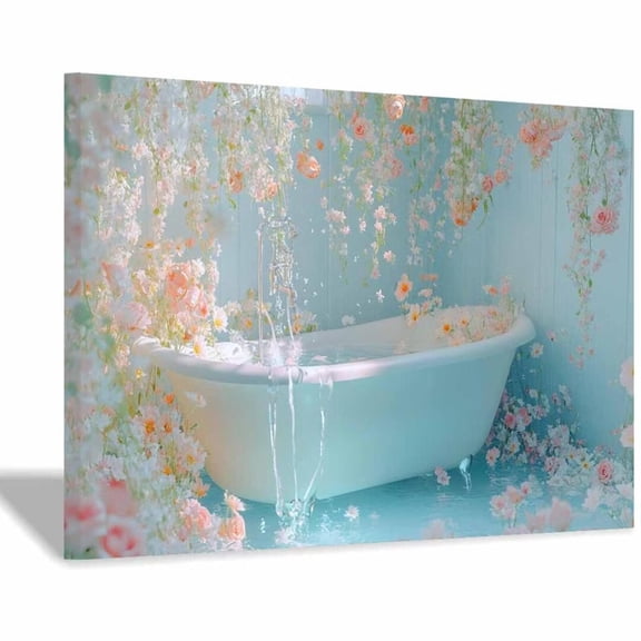 Mudket Pastel Blue Bathroom Bathtub with Pink Flowers Canvas Wall Art, Floral Botanical Wall Decor, Framed Ready to Hang Artwork for Bathroom Spa - 12"L x 8"W