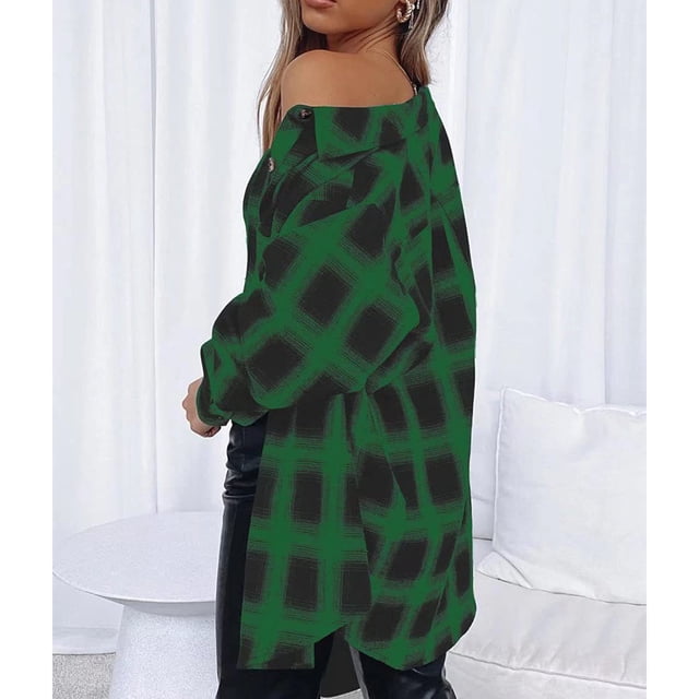 Camisas A Cuadros Para Mujer, Blusas De Moda, Solapa Cómoda Y Amigable Con La Piel Para Mujer Para La Escuela Para Ir De Compras ANGGREK Verde L