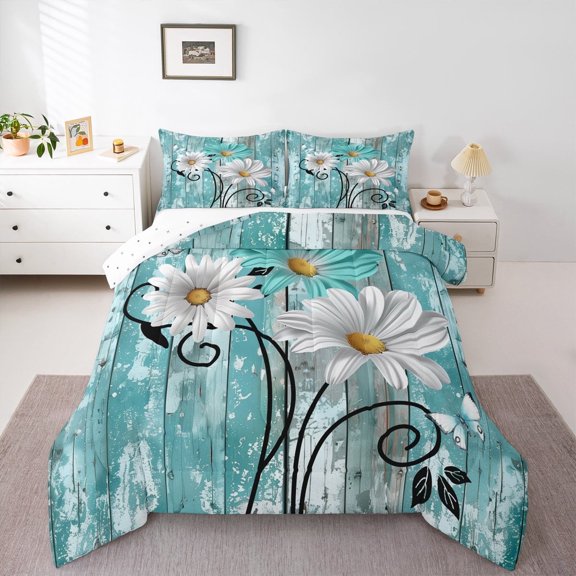 Erosebridal Chic Daisy Bedding Sets Twin with Comforter,Retro Rustic Wooden Door Duvet Insert,Botanical Flower Comforter Sets Twin Size,Super Cozy Room Decoration Reversible,2 Pieces