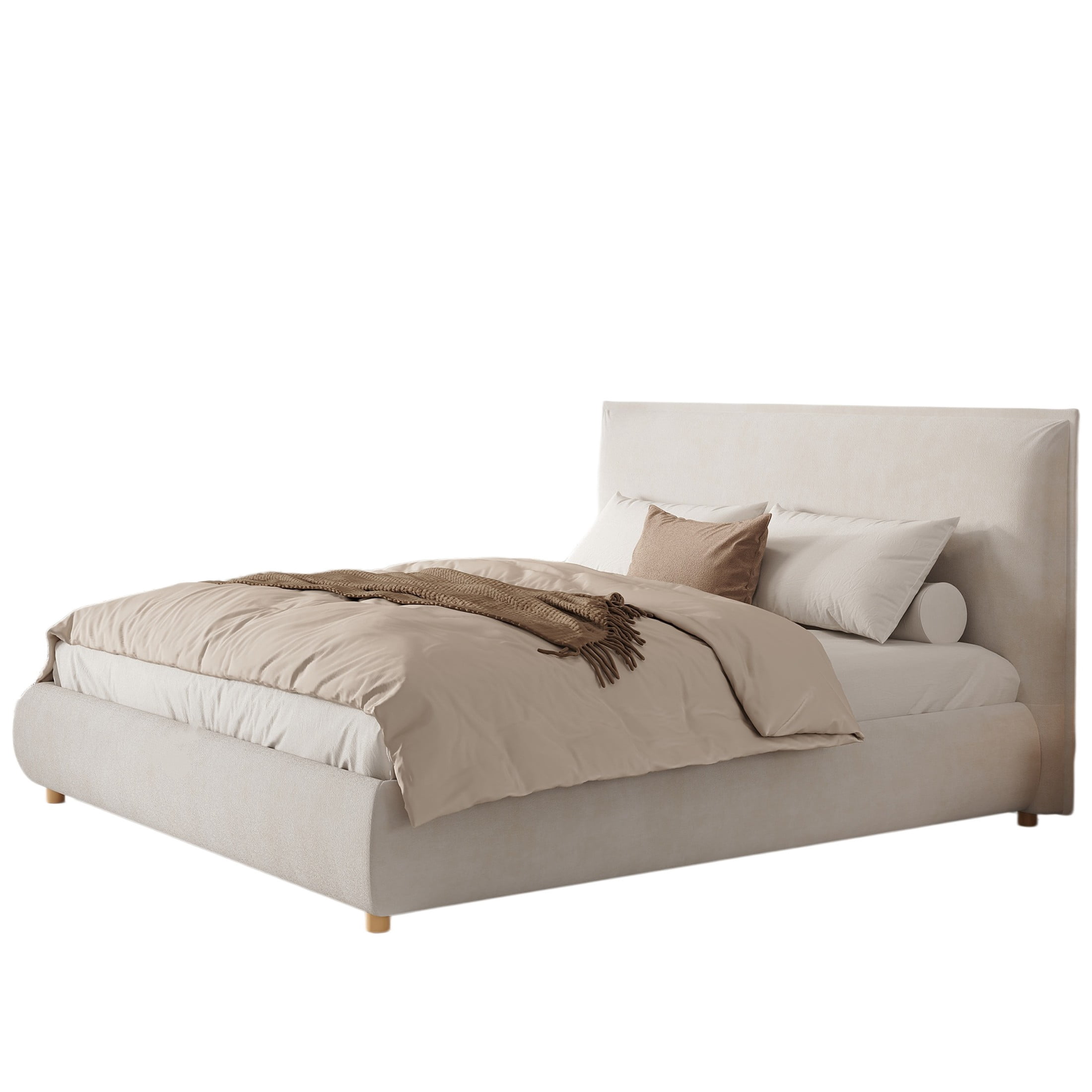 Christopher Knight Home King Velvet Upholstered Platform Bed with Thick Padded Headboard, Cream Beige