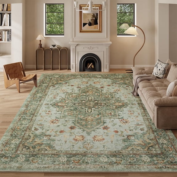 8 ft x 10 ft Vintage Green Floral Washable Low Pile Area Rug