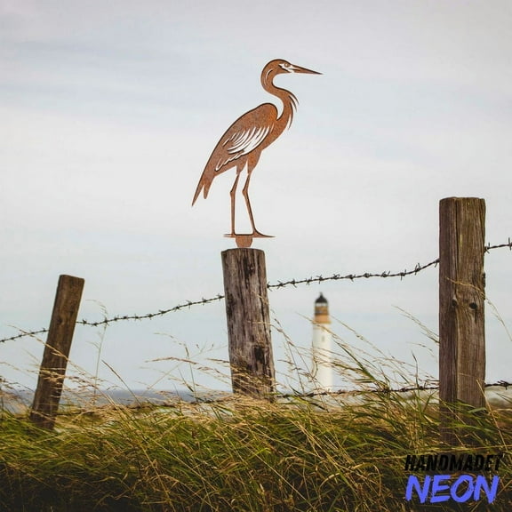 Handmadetneonsign Heron Metal Rusty Tree Stake, Bird Garden Tree Stake, Metal Tree Stake Decor 045985