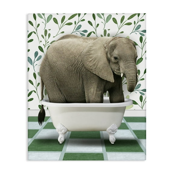 Stupell Industries Bathing Elephant on Green Bath & Laundry Painting Wrapped Canvas Art Print Wall Art, 16 x 20