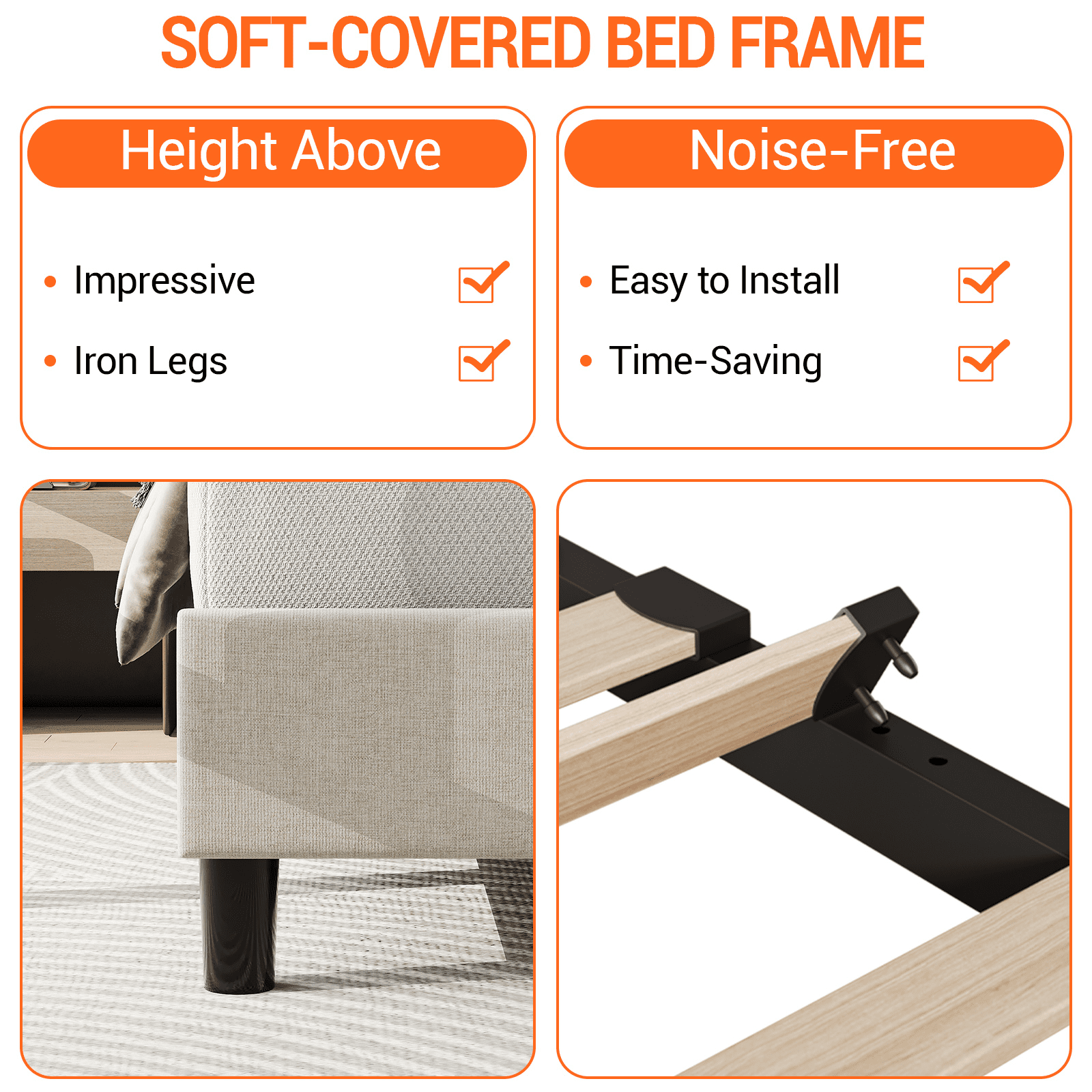 Shininglove Twin Size Platform Bed Frame, Linen Upholstered Bed Frame with Headboard, Modern Mattress Foundation with Wooden Slats Supports for Twin Bed, No Box Spring Needed, Beige